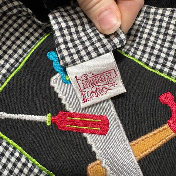 Mulberry Street Smocked Reversible Overall Plaid Corduroy Tools Train 6-12 Month - Picture 4 of 4